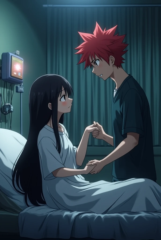 Momo, Momo está en una camilla de hospital, Momo luce muy triste, Momo está mirando a Kirishima Eijiro, Kirishima Eijiro sostiene la mano de Momo.