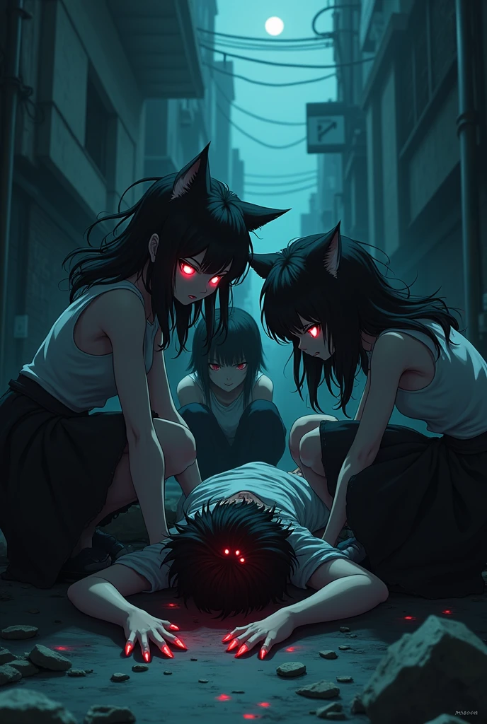 A group of angry girls with long dark skirts and cat features crouching, sitting on the body of a dead boy in anime