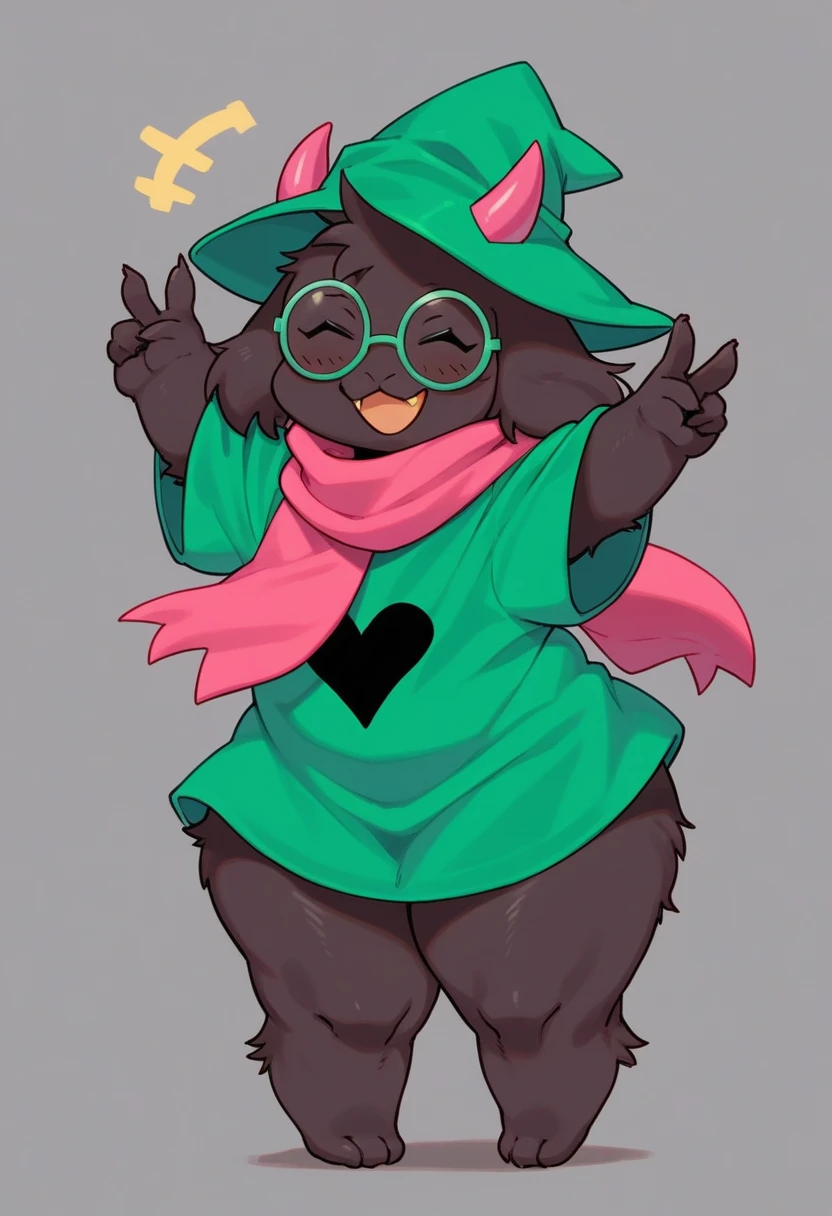  (score_9, score_8_up),furry, fur, face, Ralsei(deltarune), goat, dark fur, pink horns but green because covered by the hat, black sleeves, cute, green glasses, green hat, green shirt, standing, arms up with his hands doing the peace sign,pink scarf,closed eyes, happy, smug face, bending over, wide hips, huge thighs, fat ass, {{{kame (kamepan44231), no humans, chibi, jitome, fumo (doll)}}}, portrait. 1furry, solo