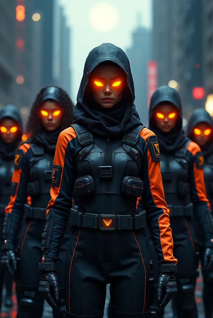 Create an army of men and women with different powers , dressed in a black and orange stealth hunter style