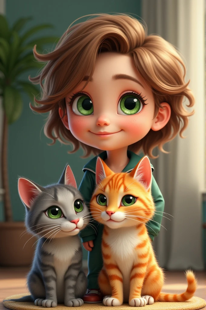 A woman 30 years brown hair green eyes A man 30 years blonde hair brown eyes A boy 6 years blonde hair green eyes A boy 4 years blonde hair green eyes A cat grey cartoon