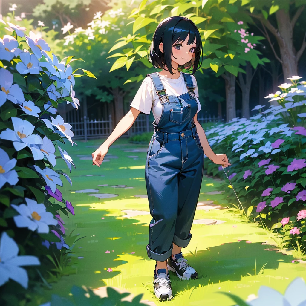 (high quality, High resolution, Very detailed, reality:1.37), Peaceful atmosphere, (Outdoor, garden), Teenage girl standing alone, (my breasts are big.), Beautiful details, Cute Smile, (Black bob hair), Short sleeve shirt, Overalls, Blue socks, sneakers.