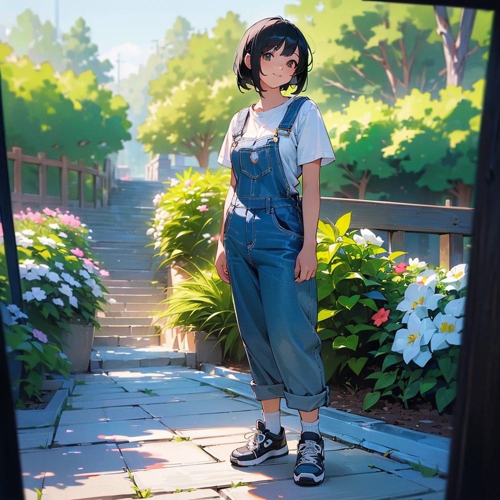 (high quality, High resolution, Very detailed, reality:1.37), Peaceful atmosphere, (Outdoor, garden), Teenage girl standing alone, (my breasts are big.), Beautiful details, Cute Smile, (Black bob hair), Short sleeve shirt, Overalls, Blue socks, sneakers.