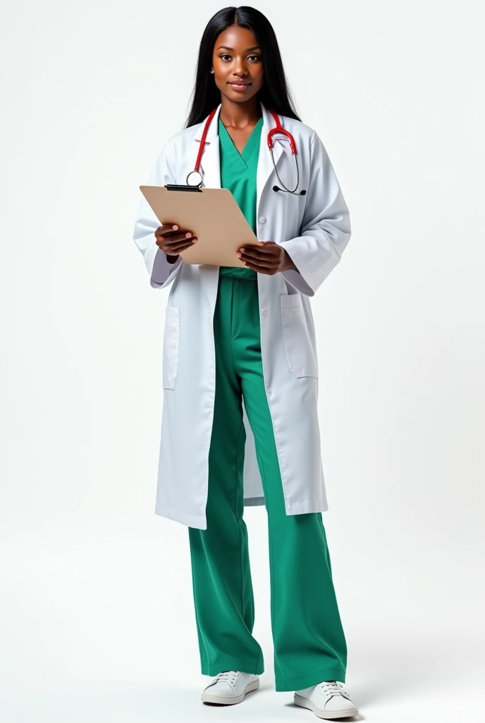 Create a black woman png with straight black hair at shoulder length, black eyes, dressed in green pants and shirt with a white robe with a red stethoscope around her neck and a clipboard in her hand wearing a white shoe in high quality transparent background