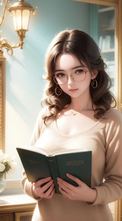 Wearing glasses,Reading a book in the library,Gold frame round glasses, Wavy Hair、Very cute face、Soft Light, 3d,High resolution,The best quality at its best,Rich details,hyper High resolution,32K,Top photo