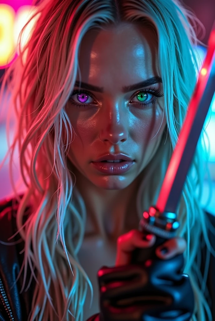a girl with a katana in her hands, (((insanely beautiful))), (((european girl))), macro photography, cybernetic, improved quality, photorealistic, cyberpunk 2077, detailed facial features, multicolored eyes, long eyelashes, make-up, close-up, hyper facial detail, (((green eyes))), (((light hair))) conscious gaze, professional photo, 4k, high resolution, high detail, 30mm lens, 1/250s, f/2.8, ISO 1
