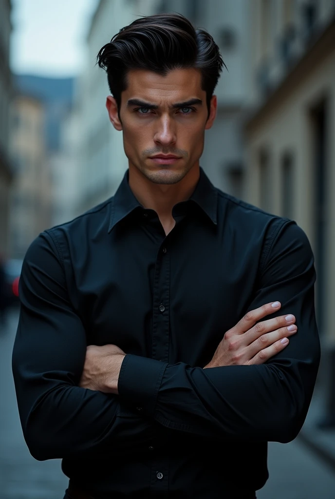 Young sexy and handsome europe tall man with black hair, huge muscles, crossed arms, pale skin, ocean blue eyes with an intense look, a serious face, wearing a FBI Agent black shirt looking at the front of the screen