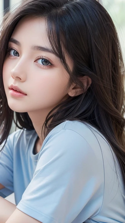 Highest quality、Realistic、、zoom、look up、cute、Light grey eyes、Black Hair、Long wavy hair、boyish、Light Blue T-Shirt、Eyes that see far、Face close-up、thin