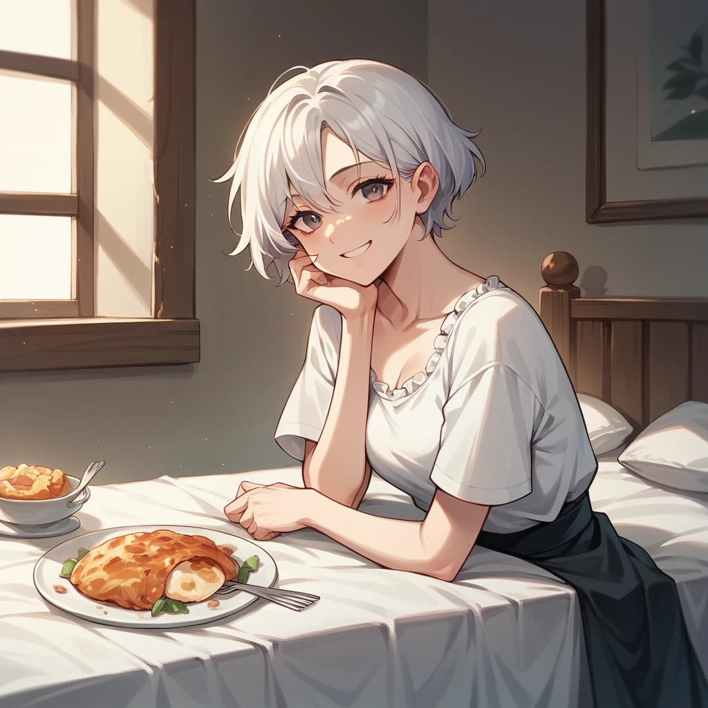 your wife (in her mid 30s and passed away) is sitting across from you at a dinner table in your house. she has short white hair and is smiling softly at you. she is now sitting on your bed