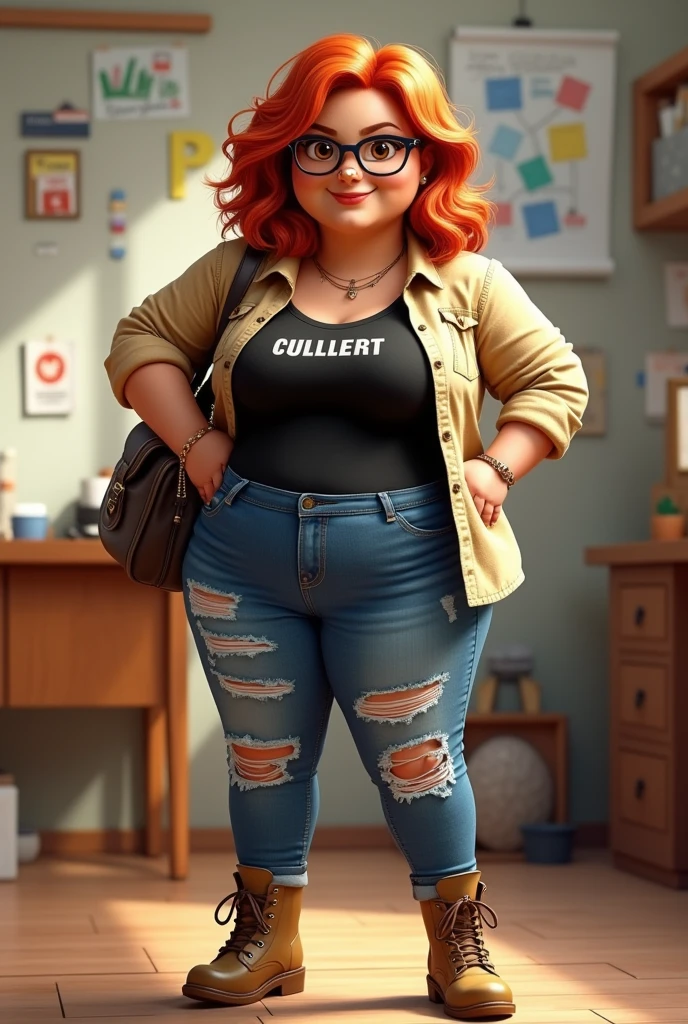 Very chubby and chubby female architect, with medium-length coppery red hair that falls to the shoulder, brown skin, brown eyes and hipster glasses, with bracelets and nose piercing, with rockstar style bag, ripped denim jeans, wearing a black rock band t-shirt with an open canvas shirt over it and construction boots, construction stop, Disney Pixar Cartoon version 