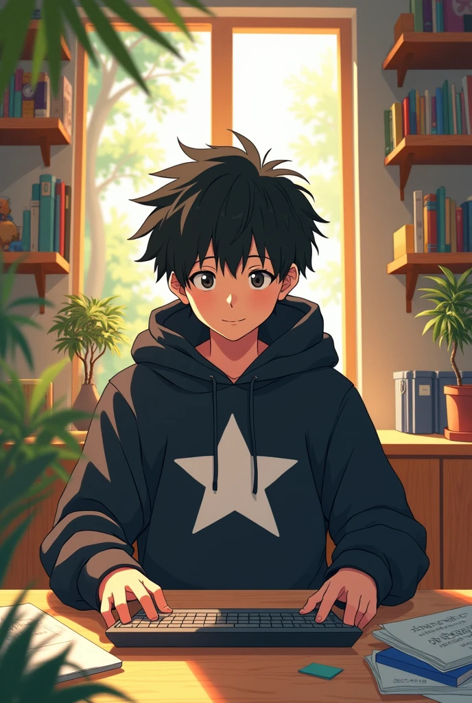I want a Ghibli studio anime art, of a 25 year old boy, with a black sweatshirt, blackquality hair, a big white star in the middle of the sweatshirt, Using the computer, no quarto escuro