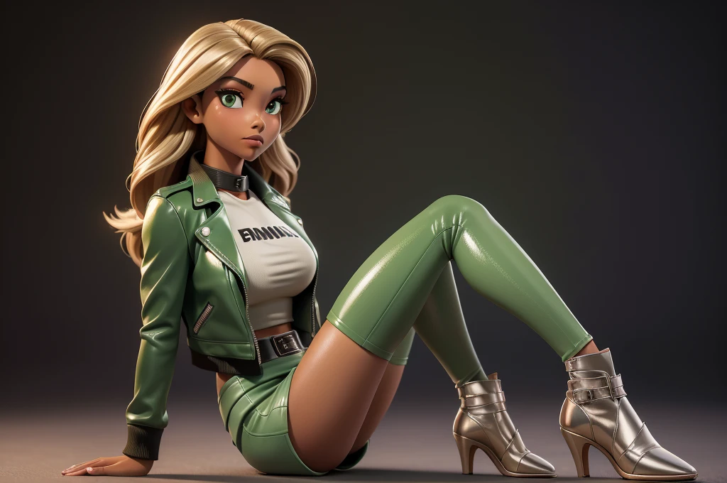 obra prima, melhor qualidade, ((only one woman,)) ((emily compagno, dark tan skin, straight hair,)) erect cone tits, ((wearing shiny cream leather biker moto jacket,)) ((jacket has padded shoulders, jacket has stiff high collar,)) (((wearing shiny green leather miniskirt,))) body is very skinny, ((sitting back, legs spread,)) ((camera front view of body,)) shallow depth of field, highres, HD, 8k, anatomically correct