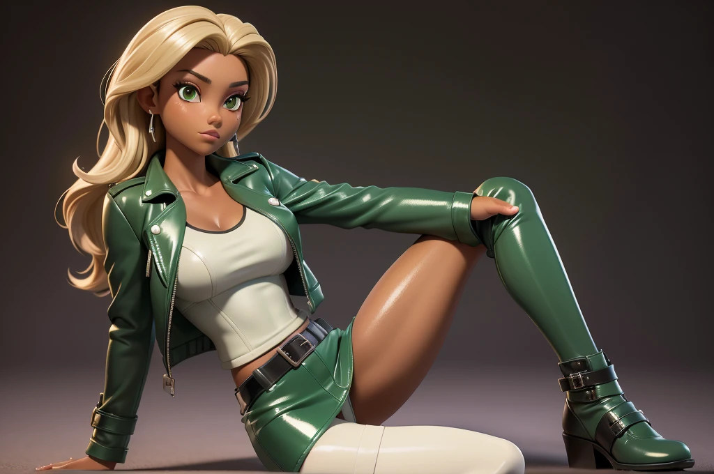 obra prima, melhor qualidade, ((only one woman,)) ((emily compagno, dark tan skin, straight hair,)) erect cone tits, ((wearing shiny cream leather biker moto jacket,)) ((jacket has padded shoulders, jacket has stiff high collar,)) (((wearing shiny green leather miniskirt,))) body is very skinny, ((sitting back, legs spread,)) ((camera front view of body,)) shallow depth of field, highres, HD, 8k, anatomically correct