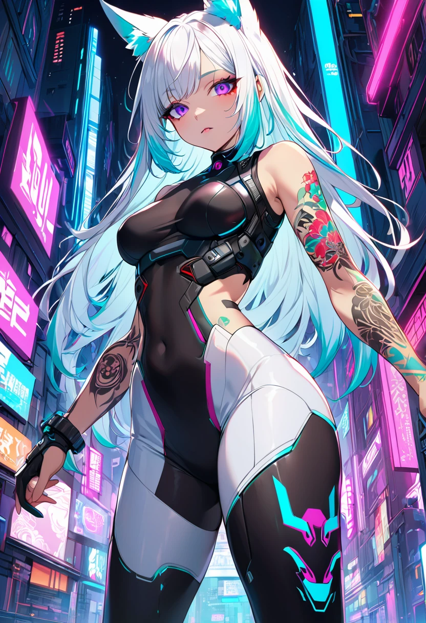 1woman, long white hair with pink and cyan tips,Muticolored hair, fox ears, purple eyes, wearing a white coat, leggings, wearing black undershirt, tattoos on arms,  colorful japanese tattoos, showing body, medium , cyberpunk, close up perspective