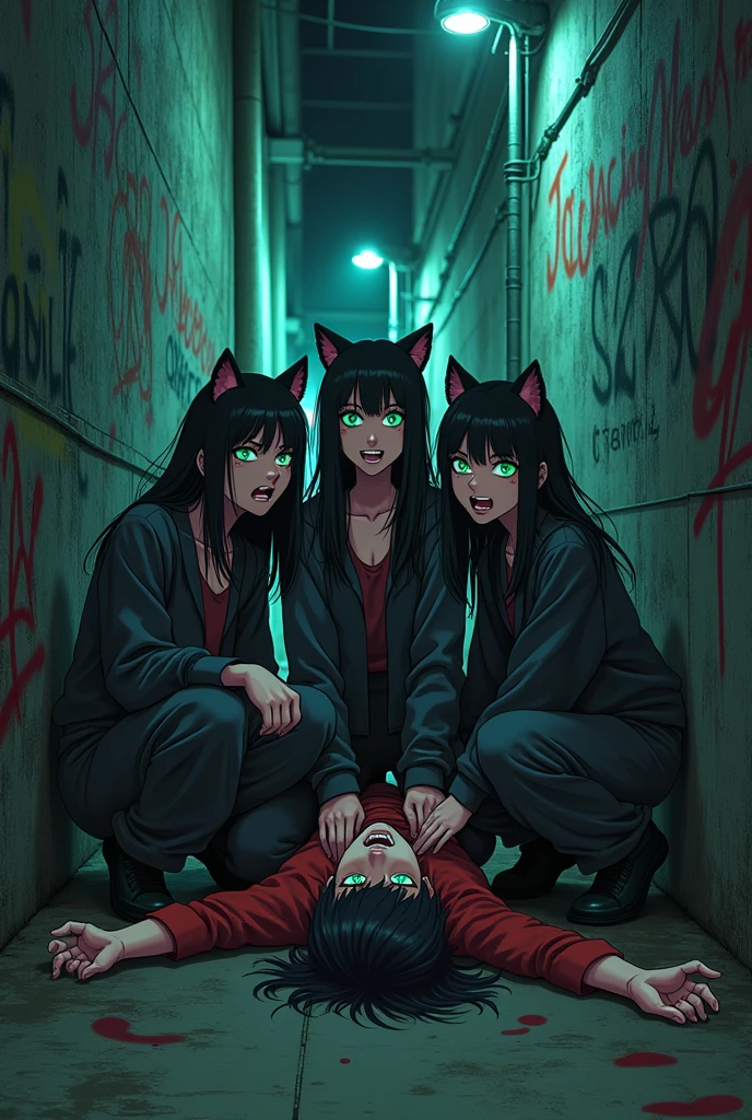 A group of angry girls wearing dark baggy pants and cat-like features crouched down sitting on the body of a dead boy in anime.