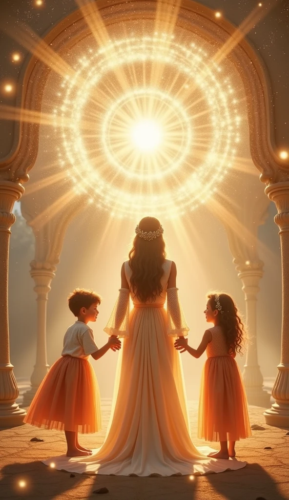 Magical Mom with her children, boy and girl surrounded by Light, portals of light, and sparks of light, colors in the image: beige, dorado, Brown, orange, white, pale pink,