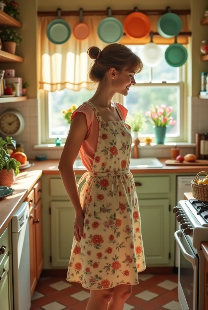 A young housewife holds her bottom.