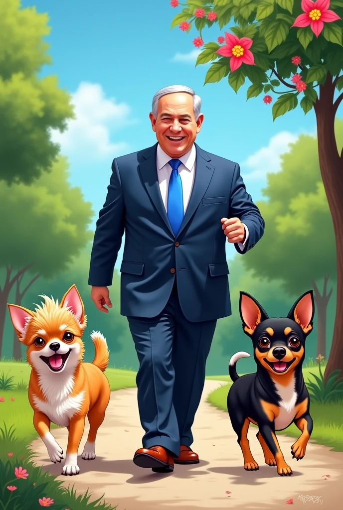 Benjamin Netanyahu happily takes his two chihuahuas for a walk, One of them with Donald Trump&#39;s face and the other with Kamala Harris&#39; face.. 