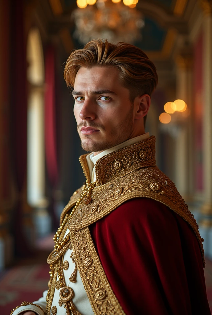 21 year old handsome man, a tough but handsome profile, whitish skin, copper blonde hair and well combed, amber eyes, unfriendly face, in a king's outfit.