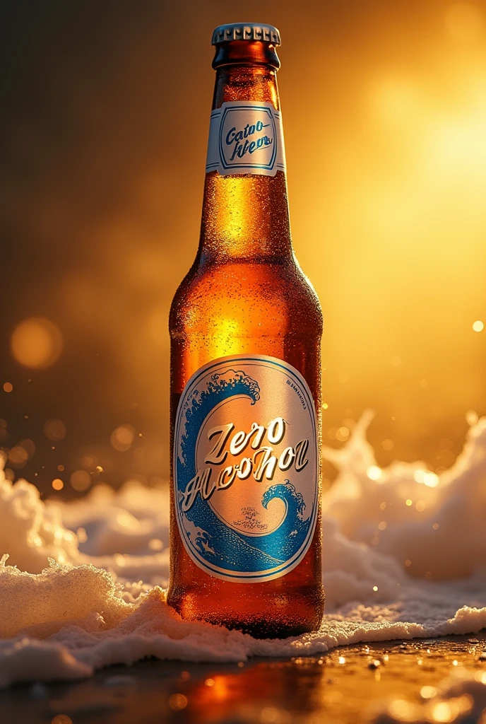 Create an image for a beer bottle label with the writing zero alcohol, in the spotlight, Wave Beer brand