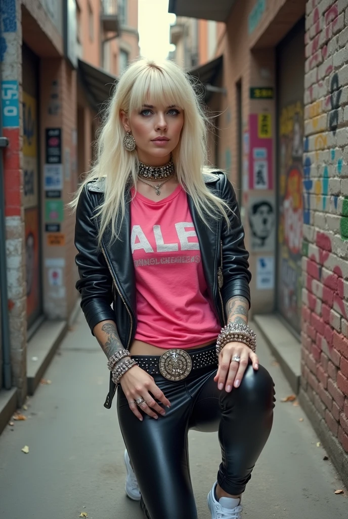 russian milf, platinum blonde hair, long, and straight with a fringe, with very light blue eyes, pale, lots of makeup. Wearing black moto jacket with popped up collar, cropped rock band t-shirt, black shiny leggings and white tennis sneakers. Big loop earrings. Wide tacky belt with big tacky buckle, dog collars, lots of rings and studded bracelets. Big loop earrings.Tattoos .Full body, kneeling in the street. Seen from above,