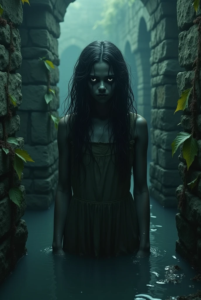 Very scary and horror girl crawls out of the well with her hairs on her scary face