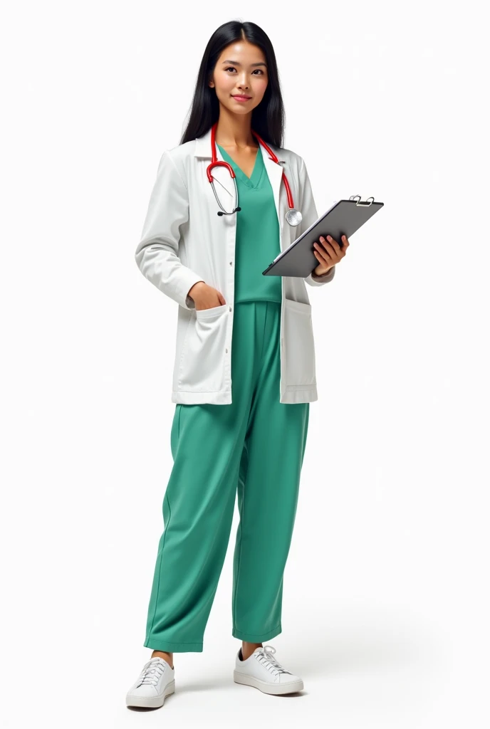 Create a black png of a person with straight black shoulder-length hair, black eyes, green dress, pants, and shirt, wearing a white coat with a red stethoscope around their neck and holding a clipboard. They are wearing white shoes. High quality with a transparent background.