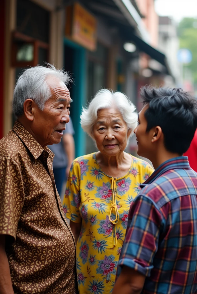 An old age Malaysian Chinese  man and woman are talking to a young Malay man.They look to have a serious conversation.