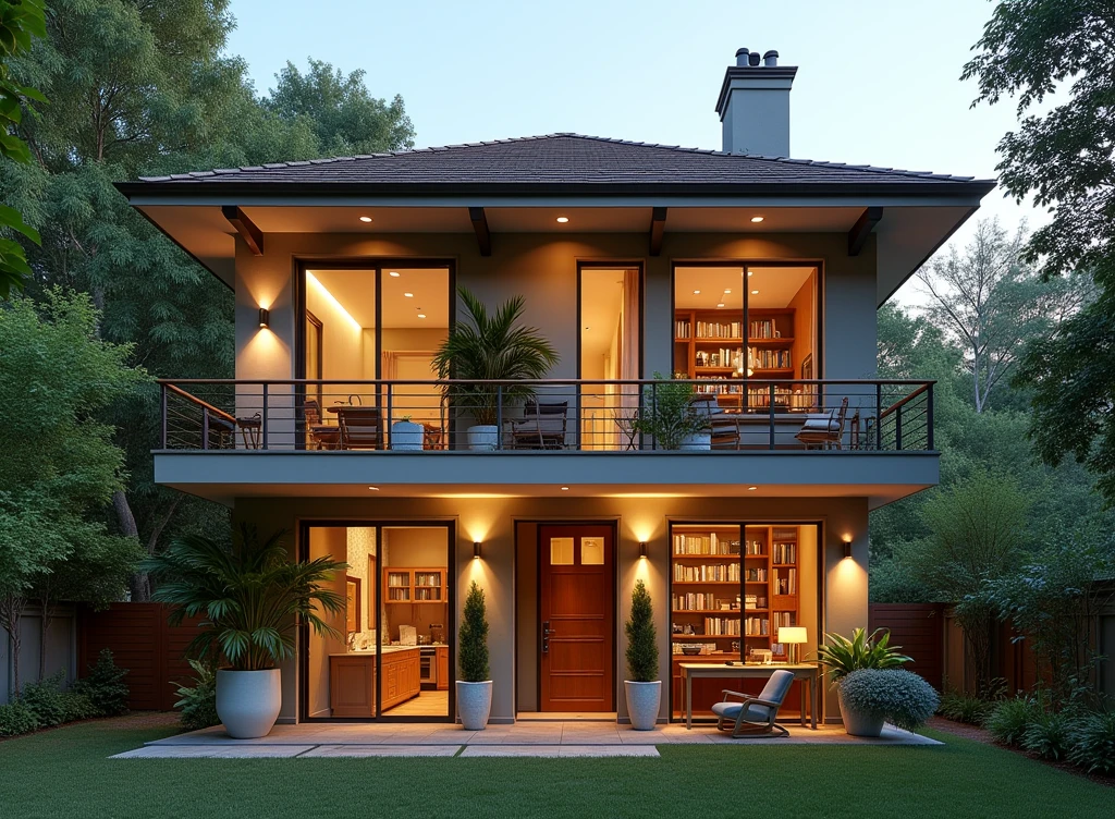 a house with three floors on the first floor a kitchen, a dining room and a living room, On the second floor there are 3 bedrooms each with its own bathroom and a living room with a bathroom and finally on the top floor a balcony with a study area with books and a lamp.
