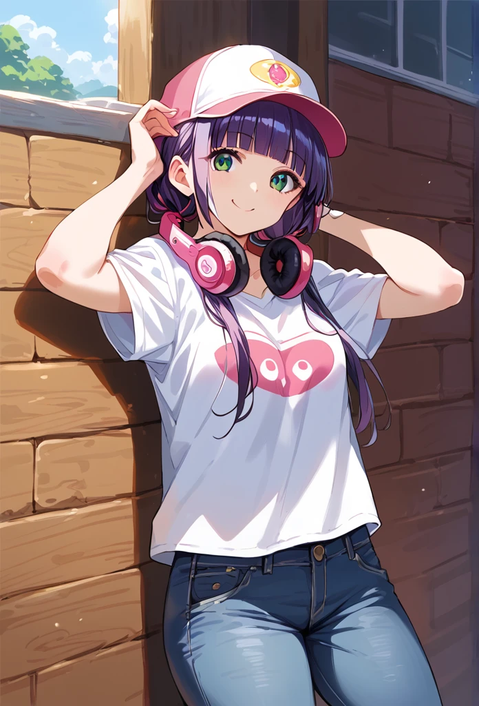 score_9, score_8_up, score_7_up, masterpiece, best quality, absurdres, 8k wallpaper, source_anime, uncensored, anime artwork, anime style, anime coloring, studio anime, megami magazine,
BREAK 1girl, solo, nogizaka, pose, smile,
cap, white t-shirt, jeans, headphones around neck,pale purple hair,low-twintails,blunt bangs,green eyes,
shiny skin, detailed skin, detailed face, detailed eyes,
cowboy shot, wooden wall,, 