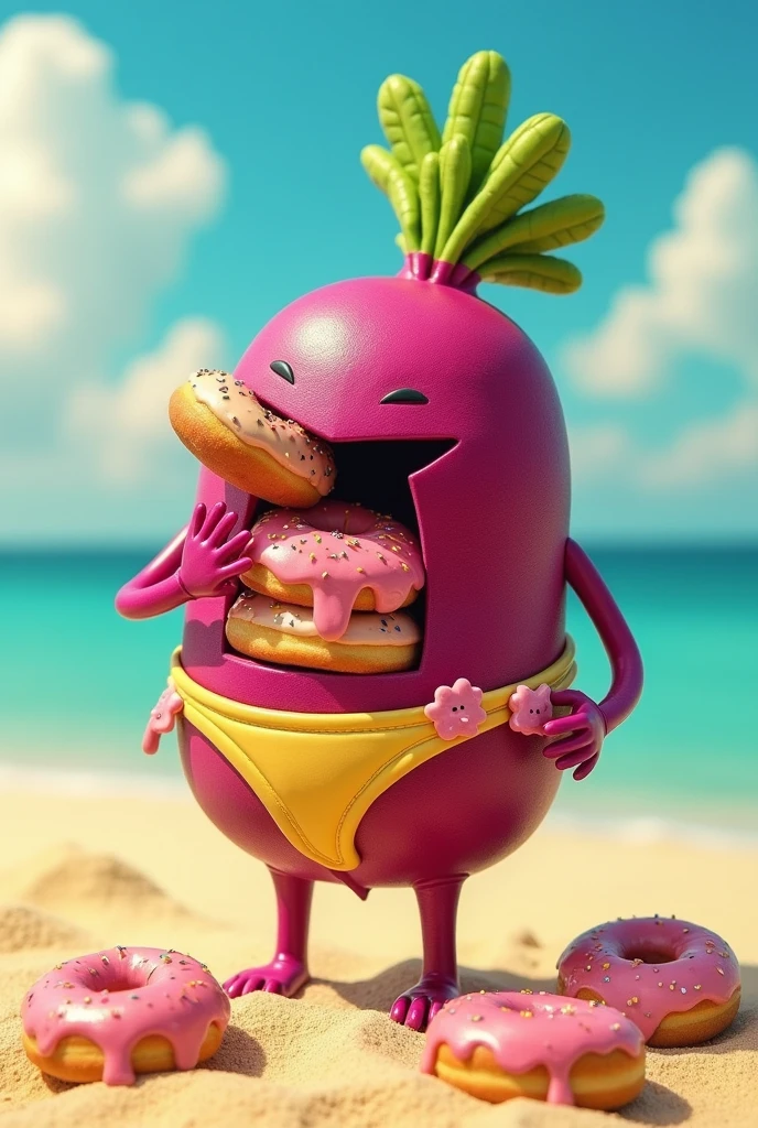 Create a beetroot using a bikini fanny pack, eating donuts and with a human body