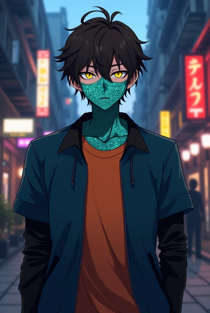 Chico, high, Short hair to the middle of his neck and it is dark brown with curls. His eyes are snake-like , He is wearing a dark orange shirt and a slightly oversized navy blue jacket with black sleeves. Half of his face, He has a turquoise snake-like scale. anime style.