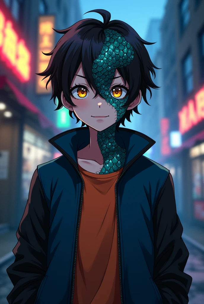 Chico, high, Short hair to the middle of his neck and it is dark brown with curls. His eyes are snake-like , He is wearing a dark orange shirt and a slightly oversized navy blue jacket with black sleeves. Half of his face, He has a turquoise snake-like scale. anime style.