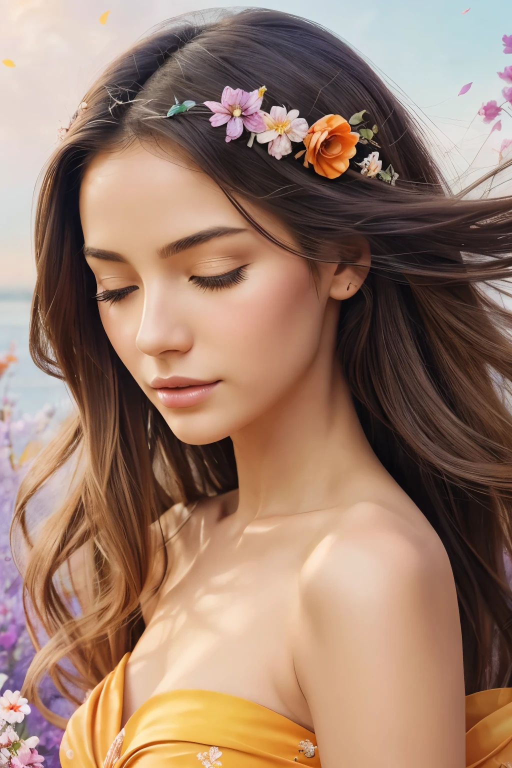 Digital artwork featuring a stylized, ethereal depiction of a beautiful woman. The woman has fair skin and long, flowing hair that blends into the background. Her facial features are soft and delicate, with her eyes closed and a serene expression. She is wearing a loose, strapless garment in shades of yellow and orange that appears to merge with a vibrant, abstract background of swirling colors and floral elements. The overall color palette includes soft pastels and vivid hues, creating a dreamlike, surreal atmosphere.