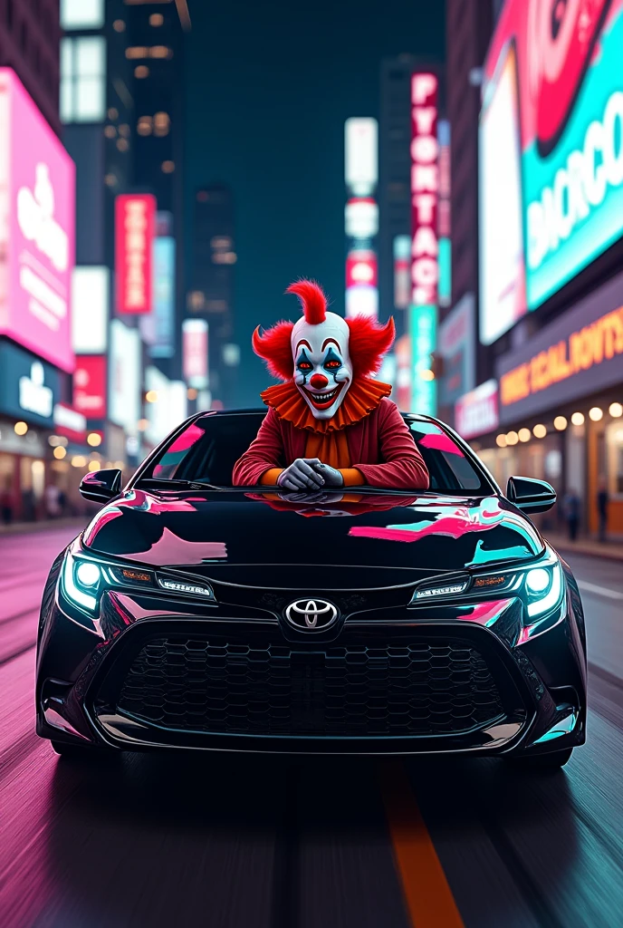Front image with GTA RP character wearing a clown mask, driving a black 2019 Corolla
