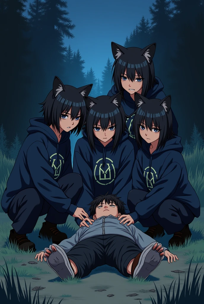 Group of angry girls in dark baggy pants and sweaters with cat-like features crouching and sitting on dead boy&#39;s body in anime