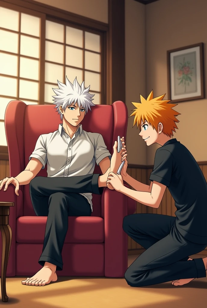 Toshiro Hitsugaya from bleach getting his feet rubbed by ichigo kurosaki using a hairbrush