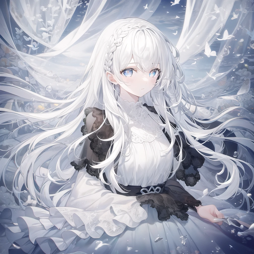 ((masterpiece, best quality))++, Detailed lighting+, Detailed hair+, Detail hand+ ,1 girl, Miss, Long hair, Crimson eyes, beautiful eyes, Young black and white hair,,(Beautiful black and white hair:1.5),(Beautiful and delicate eyes), high resolution+,glass tint, Reflective eyes, {{angle}} , Very detailed wallpaper, The original, Air bangs,Extremely beautiful CG,Firefly,Nature,ocean