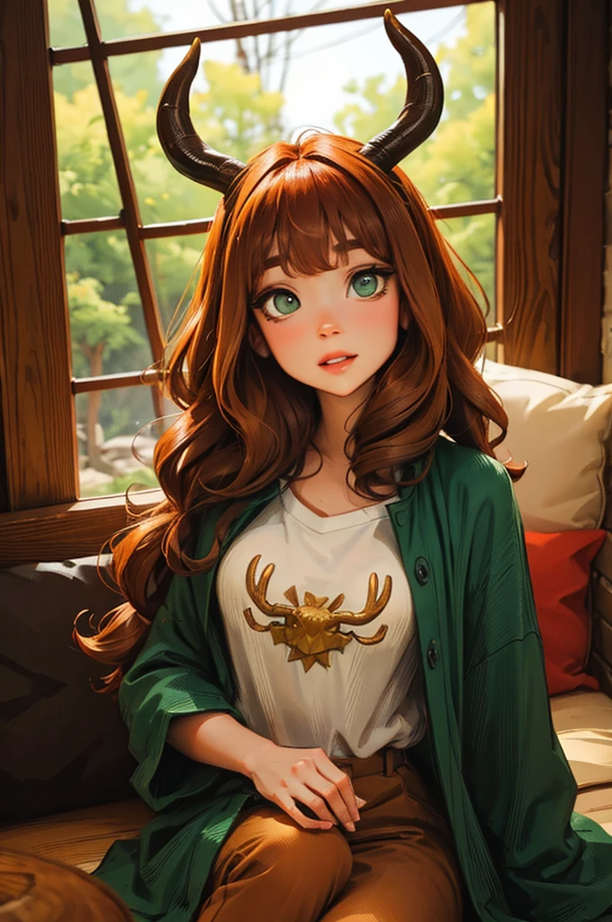 dungeons and dragons satyr. deer horns. curly ginger hair. dark green eyes. casual clothes.