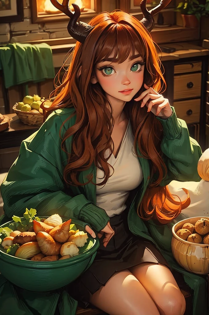 dungeons and dragons satyr. deer horns. curly ginger hair. dark green eyes. casual clothes.