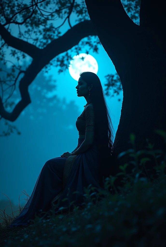 Mouni roy actress  with extreme long hair, wearing saree wet, indian culture,big boobs ,no blouse, sitting below the tree night time dark forest,blue moon light, 