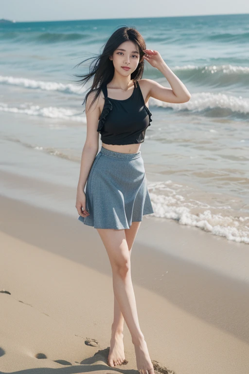 High detail, High-resolution model, Textured skin, High resolution, masterpiece, Winner of numerous awards, accurate, Black Hair, Shake your hair, Shiny Hair, Bob Hair, chest, happiness/joy, Tank top,Frilled Skirt,sunlight,Full Body Shot,Standing,Beach