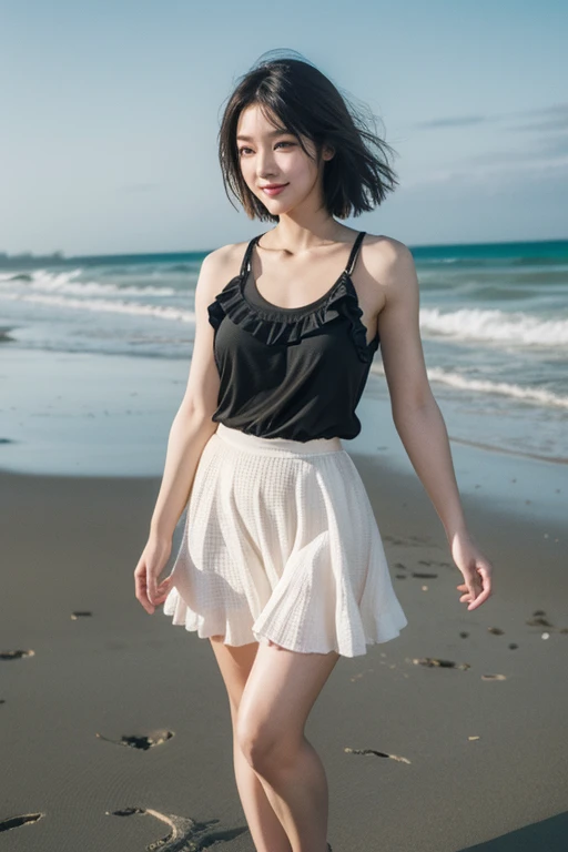 High detail, High-resolution model, Textured skin, High resolution, masterpiece, Winner of numerous awards, accurate, Black Hair, Shake your hair, Shiny Hair, Bob Hair, chest, happiness/joy, Tank top,Frilled Skirt,sunlight,Full Body Shot,Standing,Beach