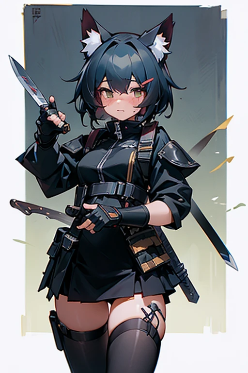 Highest quality, masterpiece, Art Station, Official Art, 8k, High resolution, Cat girl, Cat ear, Tactical, Cinematic, Depth of written boundary, stockings, Proud expression, skirt, Sporting goods, Techwear, warrior, Embarrassing, knife, knife hilt, warrior armor, Long gloves, cyber punk