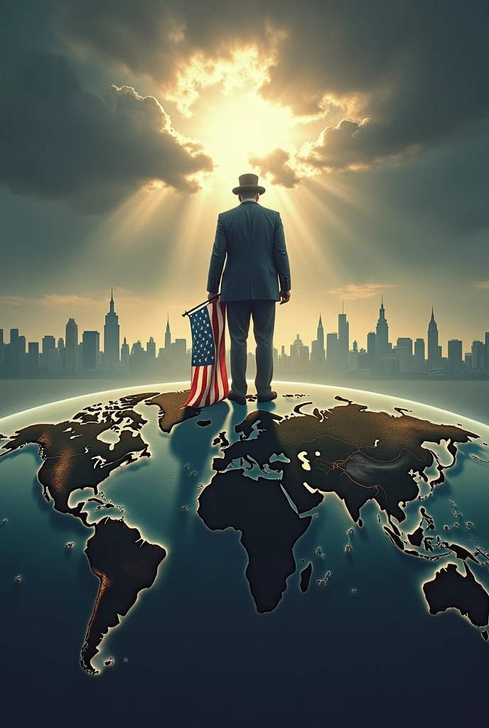 An image where the United States is the only one that dominates the world but lowers its flag.