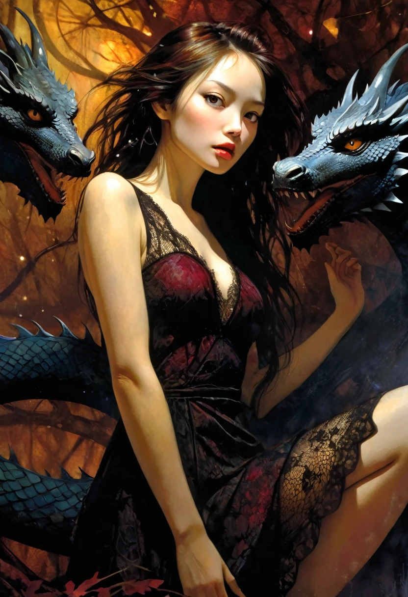 girl and giant dragon,forest, calm, night, moons, stars, eroticism,long brown hair, korean face features, sexy, sexy black long lace dress, garnet tones, between shadows, oil painting, chiaroscuro, sensual, dramatic lighting, moody atmosphere, photorealistic, intricate details, masterpiece, ultra-detailed, high quality, 8k, best quality, realistic, cinematic, dark and brooding, expressionistic, powerful composition, emotional impact, {{{,{pussy,spread her pussy,cum,cum on pussy,masterbation,straddling,y}}},cute,ultra detailed skin,sketch}}}, ,}}}, art inspired by Bill Sienkiewicz and Dave McKean (best quality, 4k, 8k, high resolution, masterpiece: 1.2), ultra-detailed, (realistic, photorealistic, photorealistic: 1.37), details intricate, vivid colors, sharp focus, professional, Dave McKean artwork, surrealism oil touch, oil painting style, portrait, woman, beautiful detailed eyes, beautiful detailed lips, dreamy atmosphere, shadow play, lighting soft, fun pose, dark tones, ethereal background, fantasy elements, texture, layered composition. 