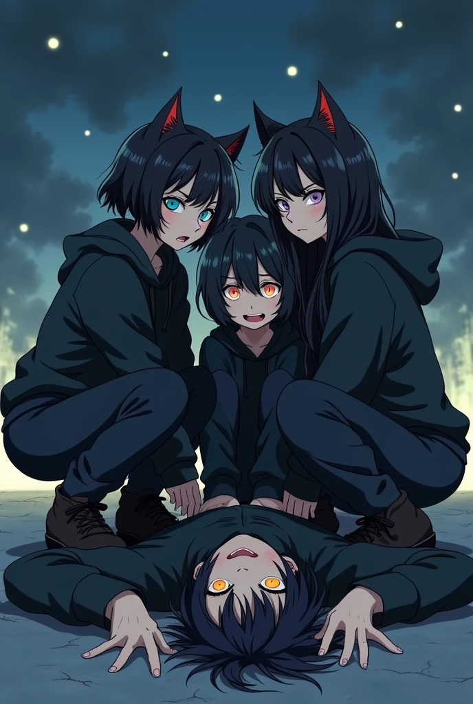 Group of angry girls in dark baggy pants and sweaters with cat-like features crouching and sitting on dead boy&#39;s body in anime