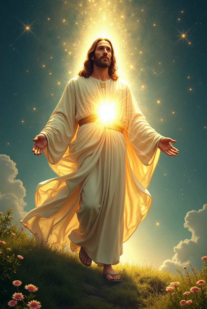 Jesus Christ in glory here on Earth with stars, 3D drawing