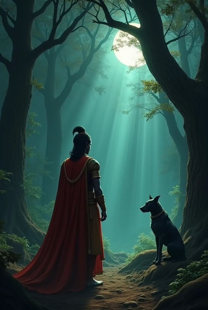 Back in the dark forest, King Vikramaditya listens intently as Betal, perched on his shoulder, asks the final question: 'Whose deed was greater, the king’s or the young man's?' The forest is dense and mysterious, with an air of suspense."