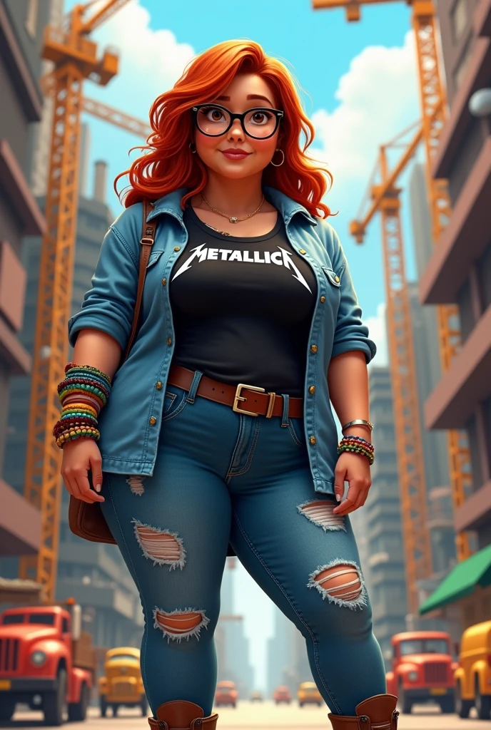 Very chubby and chubby female architect, with medium-length coppery red hair that falls to the shoulder, brown skin, brown eyes and hipster glasses, with bracelets and nose piercing, with rockstar style bag, ripped denim jeans, wearing a black Metallica T-shirt with a blue canvas shirt open on top and construction boots, construction stop, Disney Pixar Cartoon version
